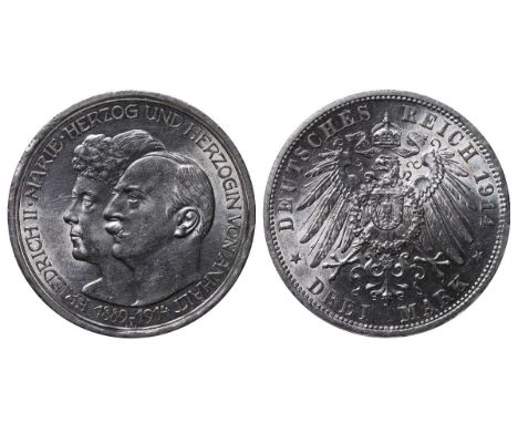 Anhalt-Dessau (German States), Duke Frederick II (1901-1918), 3 marks, 1914 year, Silver, 16,667 gr, KM#30, 25th Anniversary 
