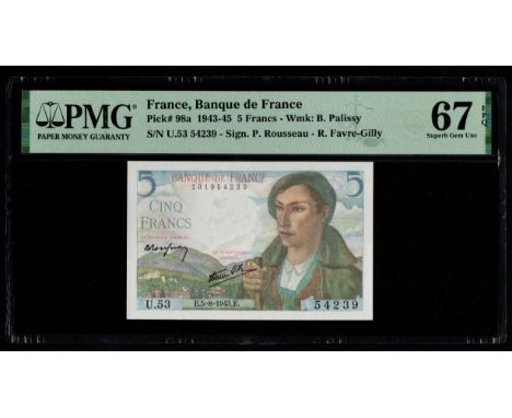 France, Banque de France Pick# 98a 1943-45 5 Francs - Wmk: B. Palissy S/N U.53 54239 - Sign. P. Rousseau - R.Favre-Gilly 67 S