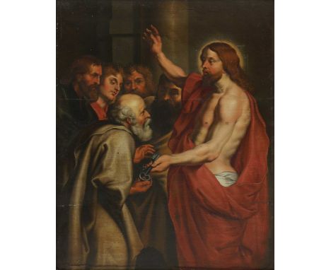 After Sir Peter Paul Rubens (Flemish, 1577-1640)Christ giving the keys to St Peterinscribed 'MCCCXIV' l.r., oil on panel, wit