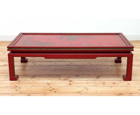 A Chinese-style red-lacquered coffee table in the manner of Mallett &amp; Sons, of recent manufacture, the rectangular top wi