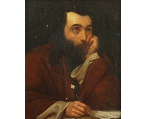 French School, 19th centuryPortrait of a scholar, seated half length, in a red cloak and holding a penoil on canvas65 x 54cmC