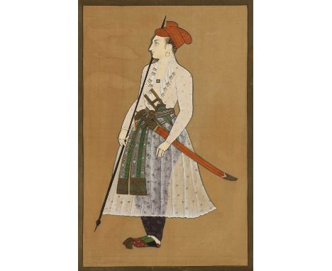 Indian Mughal School (20th century)A large portrait of a Mughal prince, with a shamshir, a katar and a sang gouache on linen1