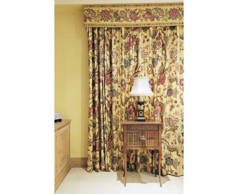 Two pairs of lined and interlined Jaipur pattern curtains,modern, decorated with scrolling fruit and flowers on a yellow grou