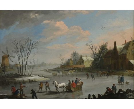 Follower of Cornelis BeeltA winter landscape with figures and horse-drawn sleighs on a frozen riveroil on copper18.3 x 26.1cm