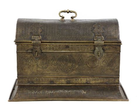 An Indo-Persian brass trunk,19th century, the domed top with a large handle, a further handle to either side, decorated all-o