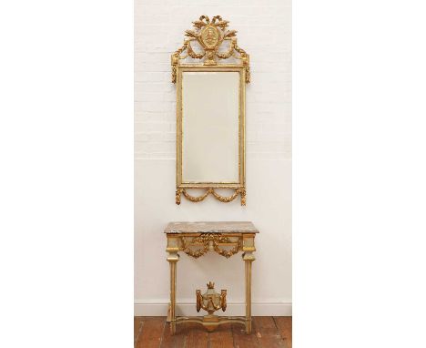 A Danish giltwood and white-painted mirror and marble top console,late 18th century, with a carved mirror cresting,mirror 59c