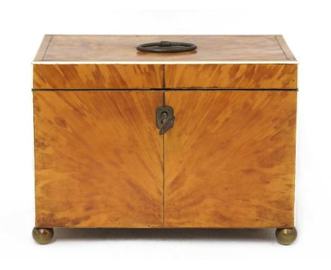 A blond tortoiseshell twin compartment tea caddy,19th century, with ivory edges and brass ball feet,19.5cm wide12.5cm deep14c