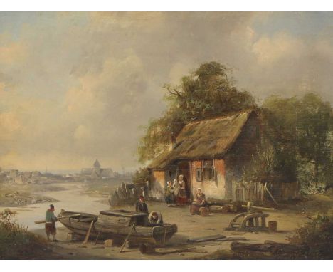 Jacques Francois Carabain (Dutch, 1834-1933)A river landscape with men preparing a boat and a family outside a cottagesigned 
