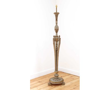 A Continental painted and parcel-gilt standard lamp,20th century, of neoclassical form, with acanthus carved detail and a tri