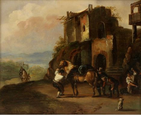German School, 19th century, manner of Dirck Stoop'The Forge'incised 'Die Shmiede' (sic) verso, oil on metal21 x 25cmConditio