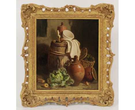 William Hughes (1842-1901)A still life of an oak barrel, terracotta pots and vegetables;A still life of a plate of fish, pots