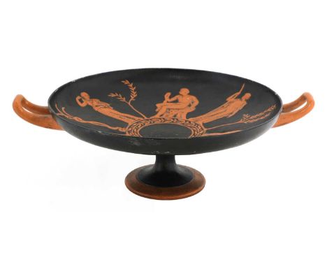 A Victorian cast iron Greek Revival kylix,painted after E W Wyon in the 'red figure' style, the shallow bowl cast in bas reli