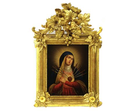Spanish School, 19th centuryThe Seven Sorrows of the Virginoil on copper40 x 32cm, in an ornate gilt gesso frame with a crest