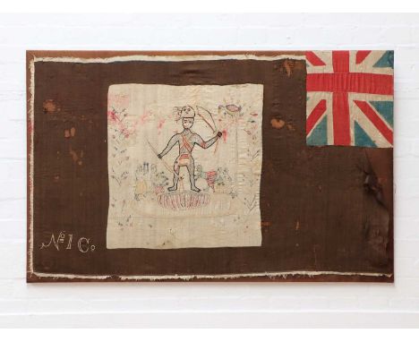 A Ghanaian Fante Asafo flag, depicting a Napoleonic figure, smaller figures, and a bird in a tree, embroidered on a central w