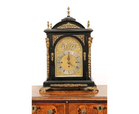 A George III-style ebonised and gilt-mounted bracket clock,c.1900, with a three-train striking and chiming movement to a bras