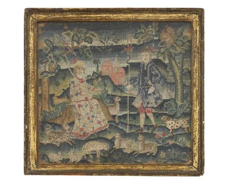 A needlework panel, mid-18th century, worked in gros and petit point with coloured wools, depicting a shepherd and shepherdes