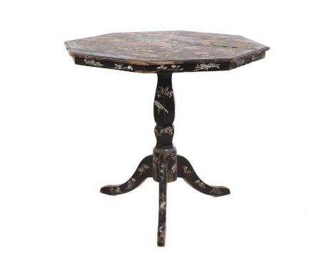 A Victorian lacquered, mother-of-pearl inlaid and painted octagonal occasional table,c.1880, decorated all-over with a pheasa