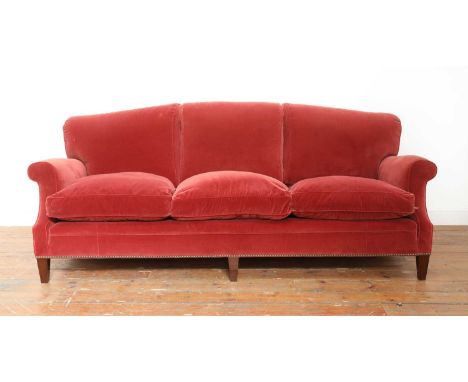 A modern 'Burlington' sofa,c.2007, by Howard Chairs Ltd., upholstered in red velvet, with an overstuffed back and deep seat, 