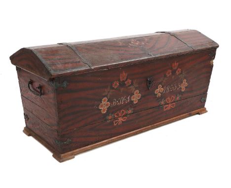 A Scandinavian painted pine and iron-bound trunk, with carrying handles to either side and decorated with floral garlands, in