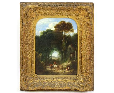 Circle of John Anthony Puller (1821-1867)A wooded landscape with figures and horses by a gate and cottageoil on canvas25 x 17