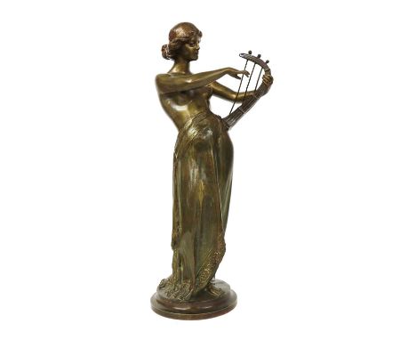 Alfredo Neri (Italian, 1862-1928),a neoclassical harp-playing figure, bronze, signed 'Neri' on a circular base,22cm wide16cm 