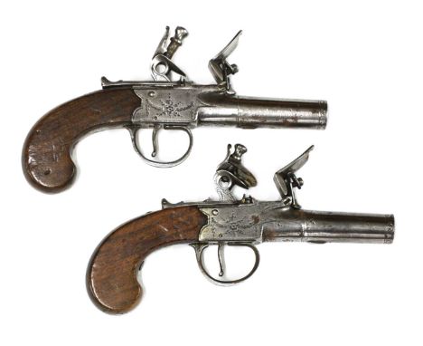 A pair of 19th century pocket flintlock pistols,by Wheeler, with screw-off barrels and sliding safety catches, each proof mar