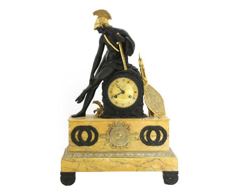 A French Empire patinated and gilt-bronze and Sienna marble mantel clock,c.1820, with a three-quarter gilt dial set with Roma