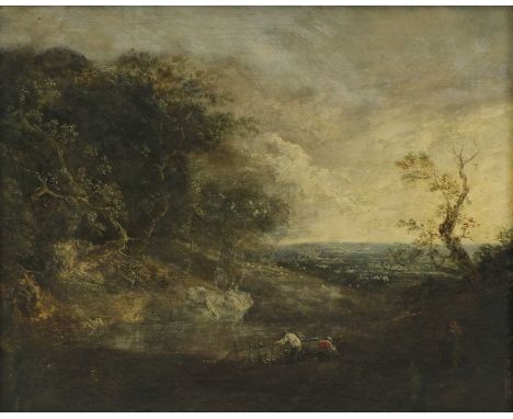 Circle of John Crome (1768-1821)A wooded landscape with figures by a pooloil on canvas43 x 53cm Condition report: Oil on canv