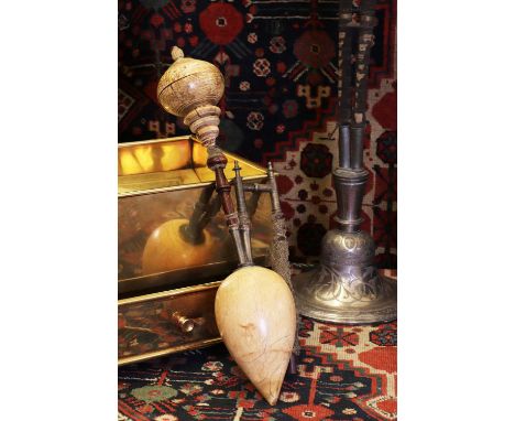 A Mughal ivory hookah pipe,18th century, with a pierced and painted stepped bowl and an ovoid base, with white metal and turn
