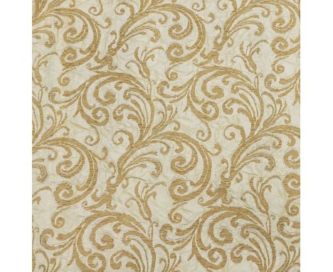 Two pairs of brocaded yellow silk interlined curtains, and a single drop,with a pair of swag mounted pelmets,200cm wide, anda