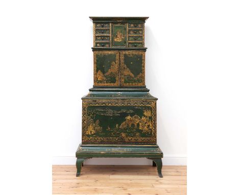 A Northern European green-lacquered and japanned cabinet on stand,probably 19th century, with three tiers, in two parts, the 