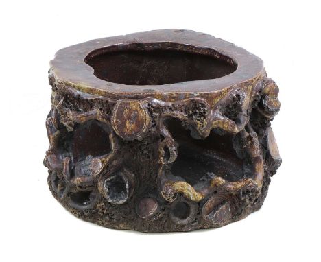 A salt-glazed stoneware strawberry planter,19th century, of naturalistic ring form, 50cm wide50cm deep32cm highCondition repo