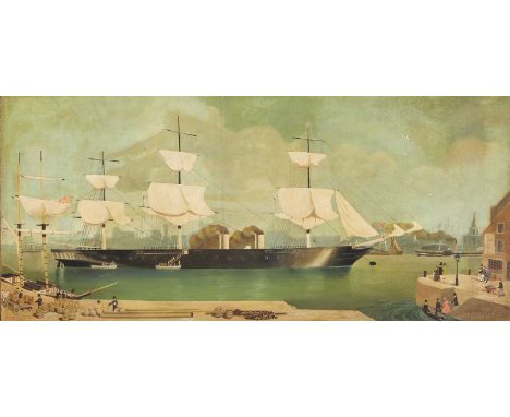 English Naive School, 19th centuryA three-masted steamer in a harbouroil on panel41 x 89cmThis is believed to be HMS Warrior,