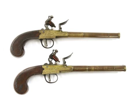 A pair of double-barrel box-lock flintlock pistols, 18th century, by Williams of London, with 7.5in (19cm) numbered cannon ba