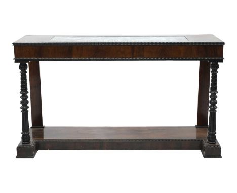 A pair of North Italian ebony console tables,early 19th century, each with a green veined marble inset to the top, over eboni