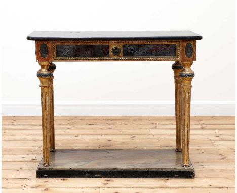 A French marble top console, 19th century, a beaded border to reverse, glass frieze panels and grey-painted applied mouldings
