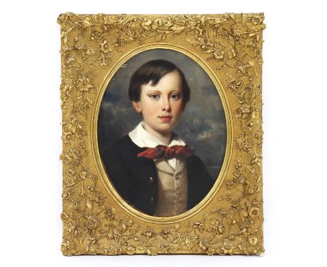 ...Huyter (Dutch, mid-19th century)Portrait of a young boy, bust length, in a black coat and buff waistcoatindistinctly inscr