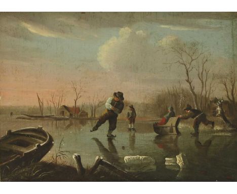 Follower of Andries Vermeulen (Dutch, 1763-1814)Figures skating on a frozen riveroil on panel16.5 x 22cmProvenance: Farm Hous