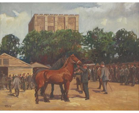 English School, early 20th centuryA horse sale, probably Spelmans, Norwich Castlesigned with monogram CM... l.l., oil on boar