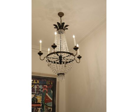 A French Empire-style cut glass and toleware tent and bag chandelier,20th century, with a foliate surmount suspending numerou