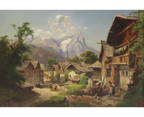 Anton Hansch (Austrian, 1813-1876) An Alpine village with figures around a fountainsigned 'Hansch' and dated 1861 l.l., oil o