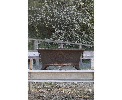 A cast iron planter,19th century, French, of rectangular form, the front cast with wreaths and laurels, raised on short feet,