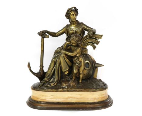 A nautical bronze group,20th century, the classical subject seated with an anchor and cherub looking at a compass, bronze, on