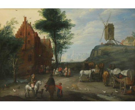 Follower of Peeter GyselsA village scene with figures outside an inn, horses and wagons in the foreground and a windmill on a
