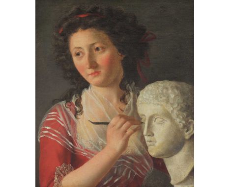 Italian School, late 18th centuryPortrait of a sculptress, bust length, working on a classical bustoil on canvas55 x 46cmProv