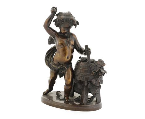 A bronze of a bacchanalian cherub,19th century, French, depicted in the process of coopering a barrel with a chisel at his fe