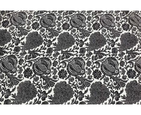 A pair of black and white lined and interlined curtains,modern, each decorated with pomegranates and grapes amongst scrolling