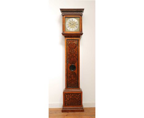 A William and Mary walnut and marquetry inlaid longcase clock,late 17th century and later, the hood with a stepped cornice ab