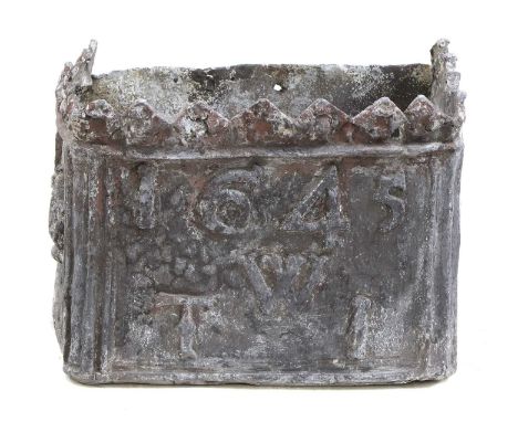 A Charles l lead hopper,dated and initialled '1645 WTI',37cm wide24cm deep29cm high Condition report: The top moulding is par