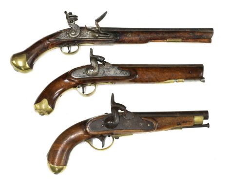 Three 19th century pistols,the first, a flintlock by Rea, London, with brass fittings, the lockplate inscribed 'REA' with pro